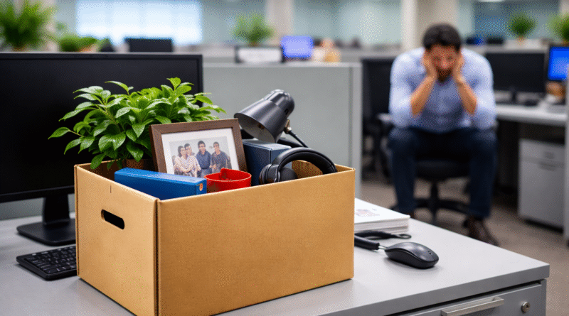 An office worker after a corporate layoff, reflecting the human impact of AI-driven job cuts.