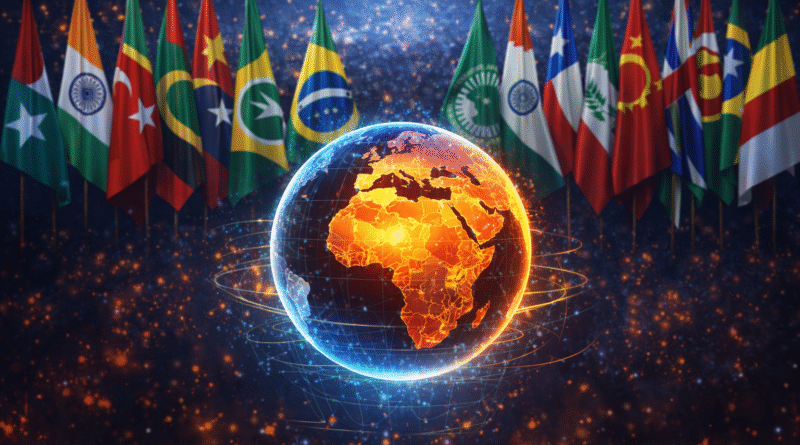 Global South countries represented by national flags behind a glowing world globe highlighting Africa, the Middle East, and Asia.