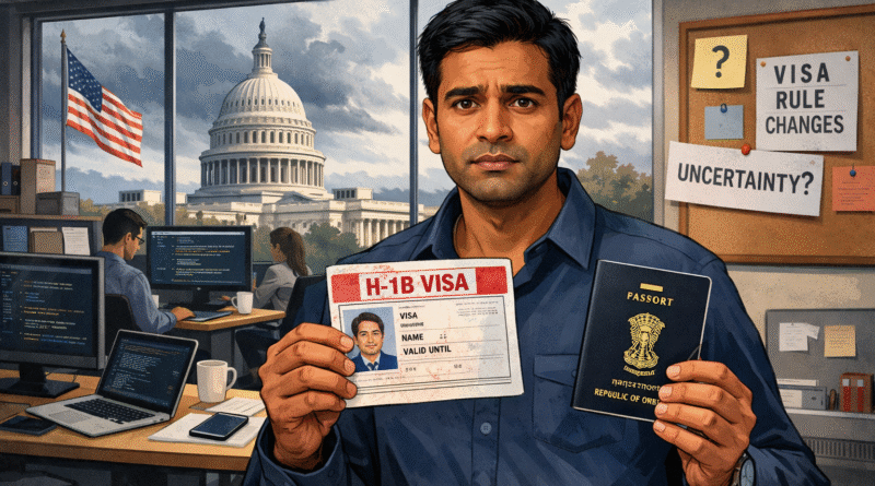 H-1B visa India 2026 — Indian software engineer holding H-1B documents at US tech office representing Trump administration review of H-1B programme affecting 200000 Indian workers