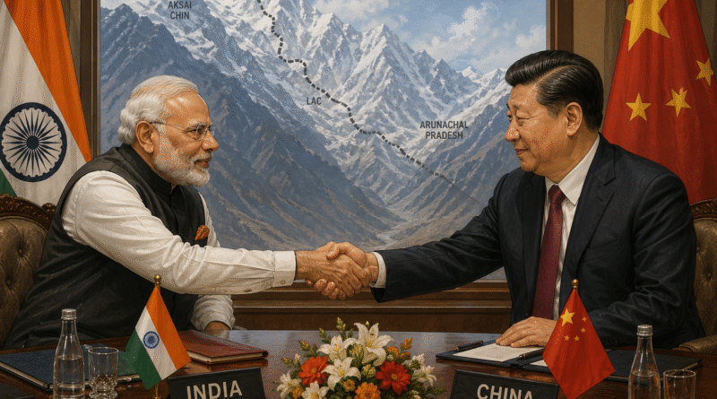 India China relations 2026 — Modi and Xi handshake with Himalayan border in background representing the diplomatic thaw that survived Operation Sindoor despite China backing Pakistan