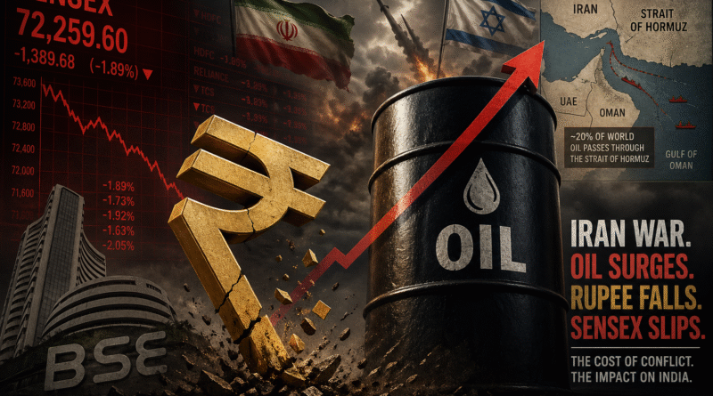 India economy Iran war 2026 — rupee at 93.94 record low against dollar and Sensex down 10 percent representing economic impact of Iran war on India through oil prices inflation and foreign investor outflows