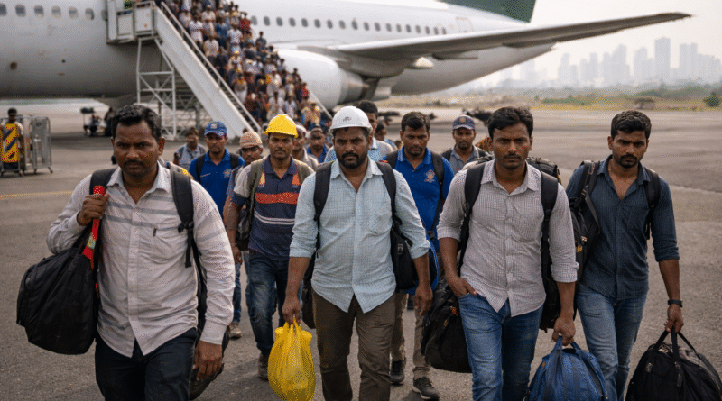 India Gulf diaspora return 2026 — Indian worker returning from Dubai at airport following Iran war evacuation of 220,000 nationals