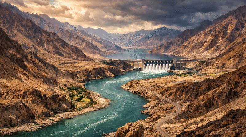 Indus River flowing through mountains with dam structure — India suspended Indus Waters Treaty April 2025 after Pahalgam attack