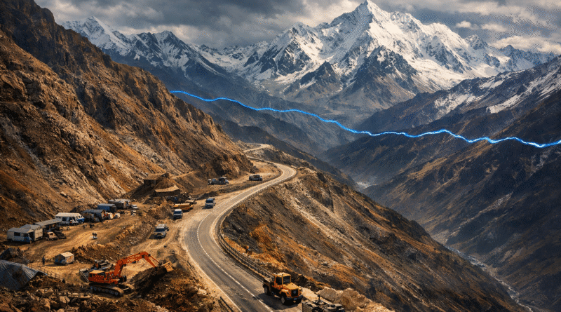Aerial view of road construction in Himalayan terrain near India China LAC border — Arunachal Frontier Highway 2025