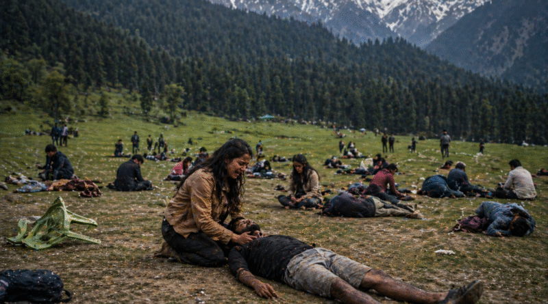 India Pakistan 2026 one year after Pahalgam attack — black marble memorial at Lidder River Pahalgam representing anniversary of 26 victims killed April 22 2025 and India's Operation Sindoor response