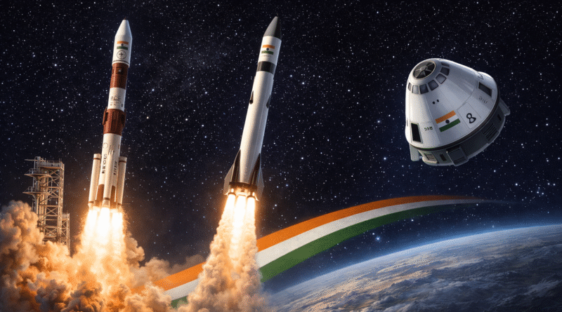 India space economy 2026 — PSLV rocket launch representing transition from ISRO monopoly to 399 private startups with Gaganyaan human spaceflight programme and IN-SPACe ecosystem