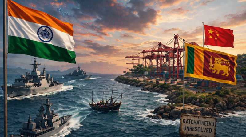 India Sri Lanka 2026 — Palk Strait map showing fishermen dispute, Hambantota port Chinese lease, and Indian crisis aid representing complex bilateral relationship under AKD government