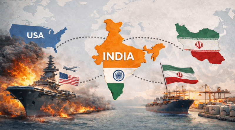 India US Iran 2026 triangle showing India caught between US bombing of Iran and its Chabahar port investment with Hormuz closure hitting 330 million Indian households with LPG crisis