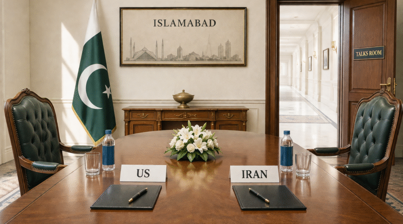 Iran talks failed 2026 — empty negotiating table in Islamabad representing Araghchi departure without meeting US officials and Trump cancellation of Kushner Witkoff Pakistan trip April 26 2026