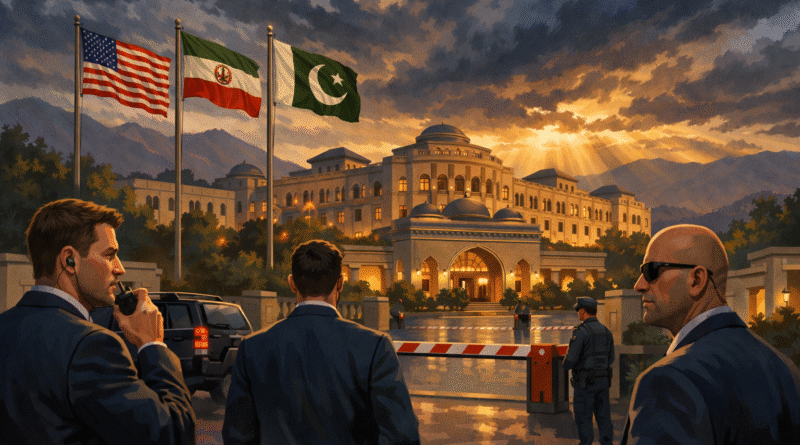 Islamabad talks Iran US April 2026 — Serena Hotel venue with US, Iran and Pakistan flags as Vance and Araghchi delegations meet for first direct talks since 1979