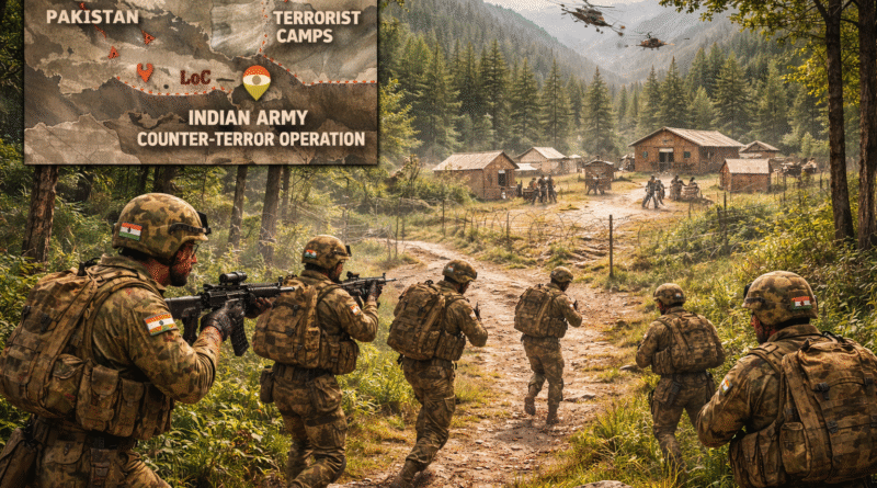 Lashkar-e-Taiba India 2026 — Kashmir map showing Pahalgam attack site and Operation Sindoor strikes on LeT Muridke headquarters representing India's counter-terrorism response