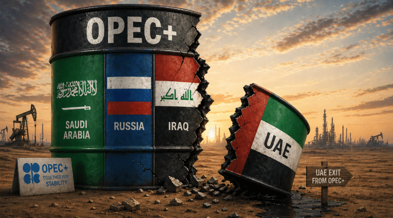 OPEC India oil 2026 — fractured oil barrel representing UAE exit from OPEC+ on May 1 as OPEC+ meets today to decide 188000 barrel per day production hike during Iran war Hormuz crisis