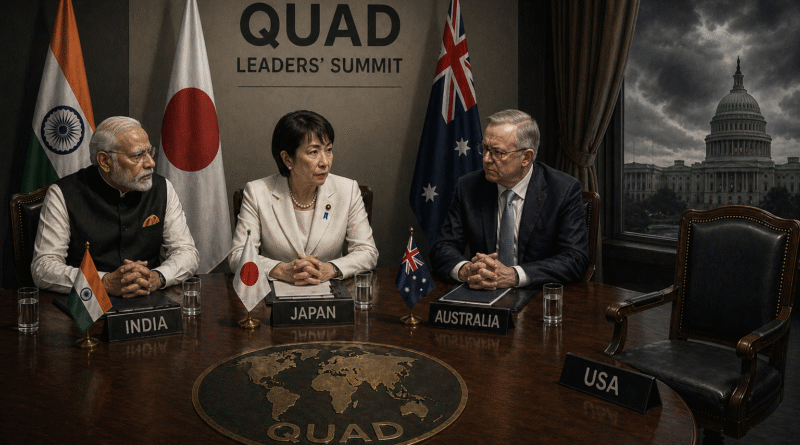 Quad alliance 2026 — empty US chair at diplomatic summit table representing Trump refusing to attend Quad leaders summit in India while planning China visit instead April 2026
