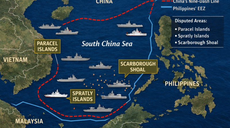 South China Sea India 2026 — map showing China's nine-dash line claim overlapping Philippines EEZ and disputed Spratly and Paracel island chains with naval presence