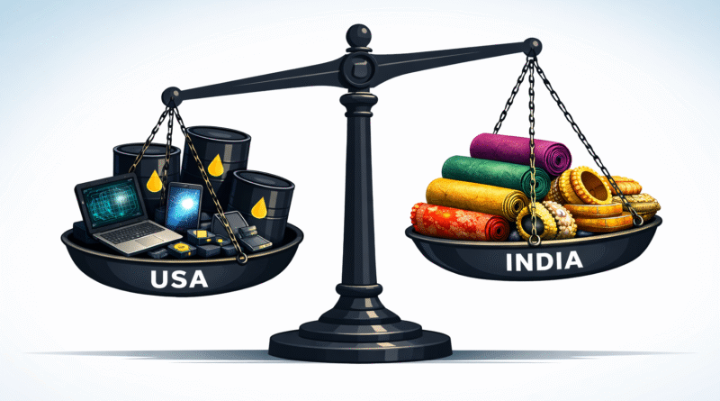 Trump tariffs India 2026 — trade balance scale showing US imposing 50% tariffs reduced to 18% as India stops buying Russian oil and commits $500B in US purchases