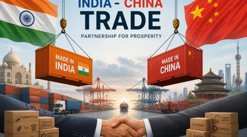 Illustration of India–China trade showing shipping containers labeled “Made in India” and “Made in China” being lifted at a port, with national flags, cargo ships, and a handshake symbolizing bilateral trade relations.