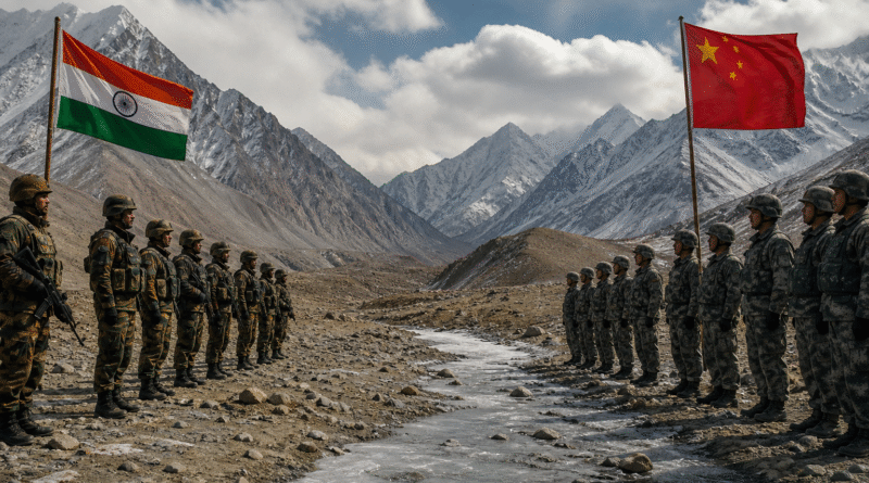 Indian and Chinese soldiers standing face-to-face across a narrow stream in a high-altitude Himalayan region, with national flags raised on both sides.